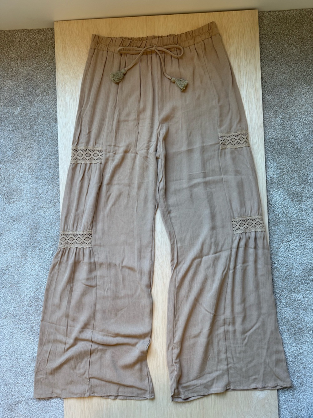 Kingston Grey Juniors  High Rise Wide Leg Pants in Taupe Brown with Lace Insets